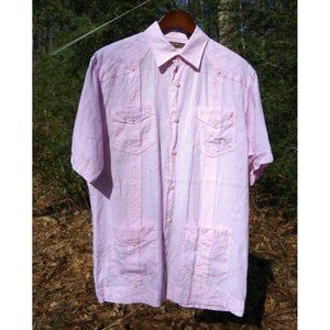 Men's M 100% Linen Cubavera Cuban Guayabera Pink Pleated Short-sleeved Shirt
